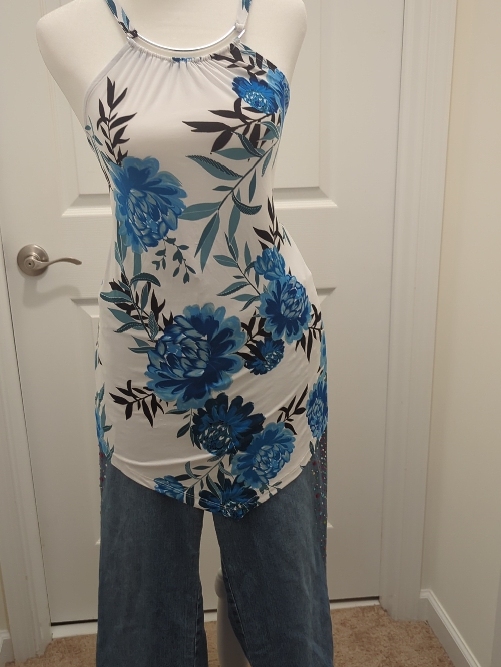 INC International Concepts White Halter Camisole with Blue Floral Print